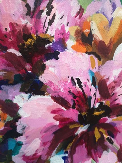 Section of my latest painting in progress - Bright bold colourful abstract floral bouquet. Canvas Painting by Judy Century Art. Art for  Sale. Large Abstract Floral Paintings, Flowers Textiles, Corinne Melanie, Abstract Floral Artwork, Pink Flowers Art, Colorful Contemporary Art, Bathroom Mural, Watercolour Florals, Floral Paintings Acrylic