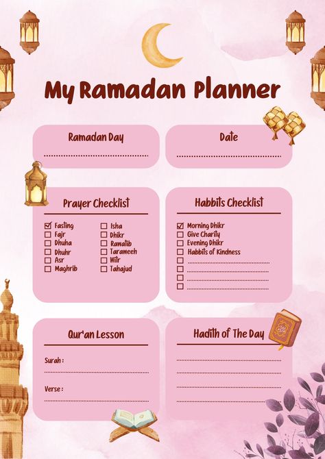 Ramadan Planner perfect to plan the day ahead Pink theme Ready to print Can be reused if laminated! Plan The Day, Ramadan Planner, Ramadan 2024, Planner Pink, Hadith Of The Day, Ramadan Day, Pink Theme, Planner Templates, Pink Themes