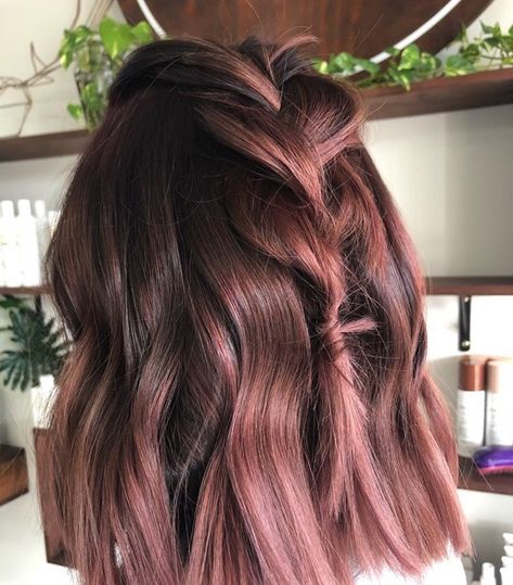 Dark Brown And Pink Hair, Copper Balayage On Black Hair, Chocolate Mauve Hair, Dusty Rose Hair, Brown And Pink Hair, Dusty Pink Hair, Hair Study, Purple Brown Hair, Pink Hair Ideas