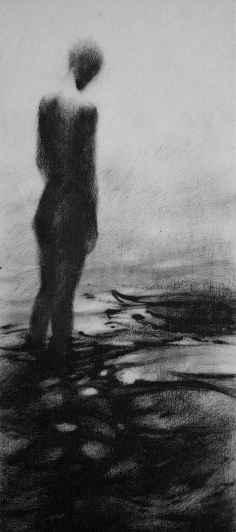 Clara Lieu, lithographic crayon on Dura-Lar.  This drawing is from "Wading", a project that presents the most severe form of isolation as loneliness that is experienced when physically surrounded by other people. The presence of others is what can intensify the experience of loneliness for an individual.  I visually portray loneliness as the experience of feeling unseen and unknown within a group. Art Representing Loneliness, Quiet Drawing, Feeling Unseen, Arte Occulta, Istoria Artei, Arte Peculiar, Charcoal Drawings, Ange Demon, Charcoal Art