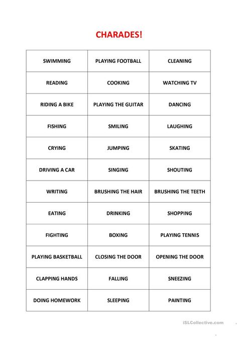 Charades! - English ESL Worksheets for distance learning and physical classrooms Charades Words, Charades For Kids, Charades Cards, Drama Activities, Charades Game, Virtual Party, Classroom Games, Group Games, Esl Worksheets