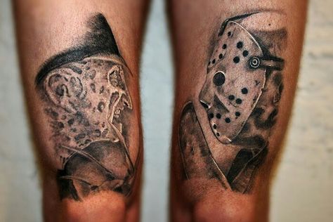 Jason vs freddy Freddy Vs Jason Tattoo, Freddy Tattoo, Jason Vs Freddy, Jason Tattoo, Freddy Vs Jason, Horror Tattoos, Horror Tattoo, Piercing Ideas, Horror Art