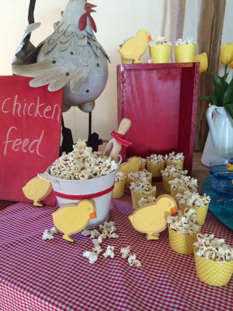 Rooster Themed Birthday Party, Barnyard Party Decorations, Chicken Birthday Theme, Chicken Party Theme, Farm Party Snacks, Chicken Themed Party, Chicken Themed Birthday Party, Farmyard Birthday Party, Chicken Birthday Party