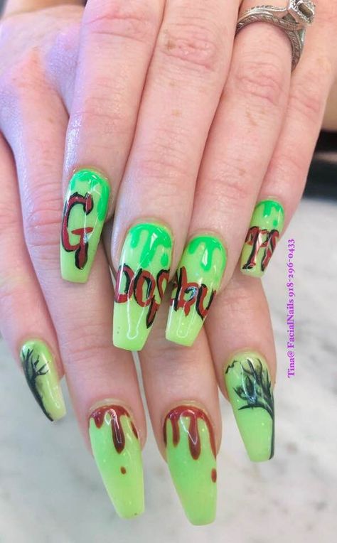 Goosebumps Nail Art, Goosebumps Nails, Goosebumps Costume, Drip Nail Art, Lime Green Nails, 90s Nails, Nail Art Inspo, Cartoon Nails, Nail Polish Holder