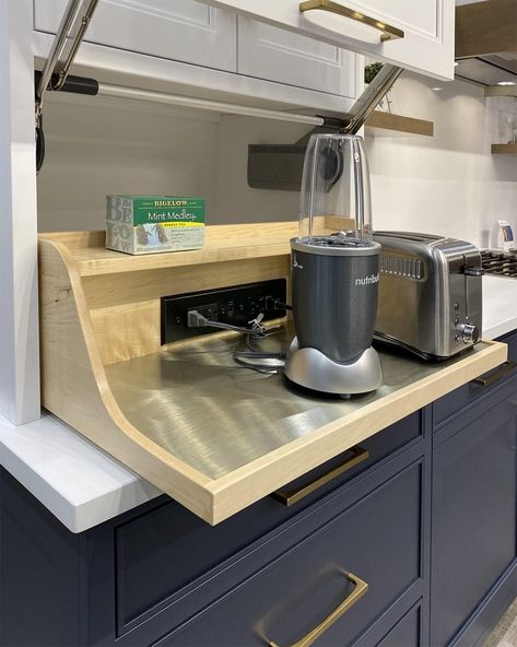 Kitchen Solutions to the Coffee Station, Smoothie Station, Breakfast Appliance Garage | Kitchen & Bath Design News Appliance Garage In Island, Kitchen Appliance Garage, Docking Drawer, White Bathrooms, Kitchen Appliance Storage, Cabinet Pantry, Kitchen 2020, Appliance Garage, Mom Kitchen