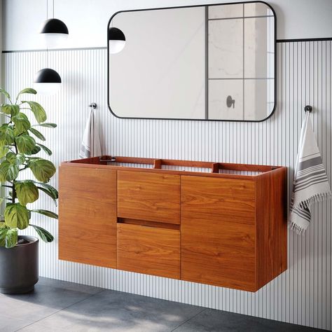 PRICES MAY VARY. CONTEMPORARY BATHROOM VANITY - Bring streamlined style to your bathroom space with the clean, modern silhouette and wood grain design on this wall-mount bathroon vanity cabinet DURABLE VANITY - Refreshing your space with modern design, this vanity cabinet is crafted with melamine and makes a lasting addition to the bathroom in a home or apartment. Sink basin not included BATHROOM STORAGE - Organize bathroom essentials. With a special design to accomodate plumbing, this bathroom Natural Aesthetics, Bathroom Vanity Cabinet, Bathroom Vanity Base, Vanity Base, Double Bathroom Vanity, Bathroom Vanity Cabinets, Bathroom Cabinets, Soft Close Doors, Double Sink