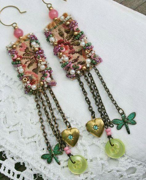 Bead Embroidery Earrings, Embroidery Earrings, Victoria Kay, Fiber Art Jewelry, Vintage Floral Fabric, Mixed Media Jewelry, Fiber Jewelry, Fabric Necklace, Textile Jewelry