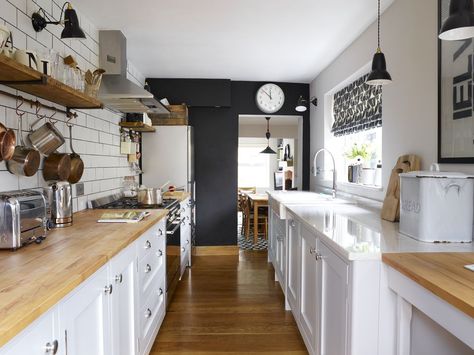 This Shaker-style galley kitchen merges vintage with contemporary Galley Kitchen Renovation, Galley Kitchen Design, Galley Kitchen Remodel, Kitchen Design Color, Diy Kitchen Renovation, Popular Kitchens, Victorian Cottage, Kitchen Concepts, Galley Kitchen