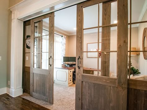 Door For Large Opening, Sliding Farmhouse Doors Interior, Sliding Barn Doors With Glass, Glass Sliding Barn Doors, Wood Glass Barn Door, Large Sliding Glass Doors Living Rooms, Barn Door Game Room, Barn French Doors, Large Sliding Doors Interior