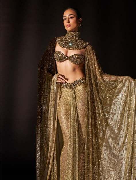 Indowestern Aesthetic, Gold Aesthetic Outfit, Priestess Clothing, Gold Outfits For Women, Egyptian Dress, Cape Set, Egyptian Fashion, Cape Designs, Gold Costume