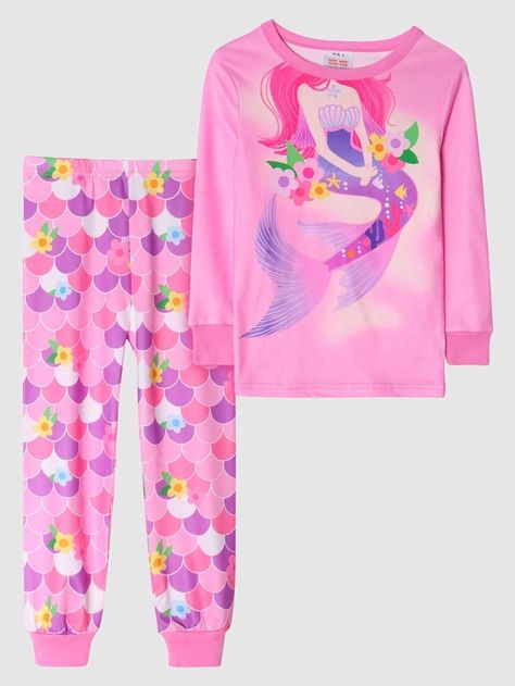 Free Returns ✓ Free Shipping✓. Girls Mermaid & Fish Scales Print Snug Fit PJ Set- undefined at SHEIN. Disney Princess Shoes, Girls Loungewear, Cabin Bed, Cute Sleepwear, Pink Mermaid, Mermaid Print, Pant Sets, Fish Scales, Fancy Dress Costumes