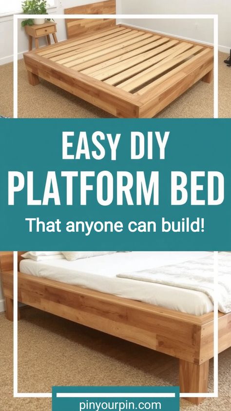 Easy DIY Platform Bed 2x4 King Bed Frame Diy, Platform Bed With Dog Bed Under, Diy Bed Base Easy, Diy Minimal Bed Frame, California King Platform Bed Diy, Diy King Size Bed Frame Plans Platform, Platform Bed Plans Queen, Building A Platform Bed, How To Make A Platform Bed Frame