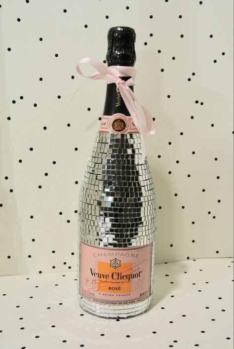 Disco Champagne Aesthetic, Veuve Clicquot Decorated Bottle, Disco Veuve, Disco Ball Wine Bottle, Disco Alcohol Bottle, Birthday Gift Inspiration, Disco Wine Bottle, Disco Ball Bottle, Bachelorette Champagne Bottles