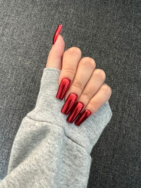 Red Christmas Nails 2023 18 Ideas: Festive and Trendy Nail Designs - women-club.online Red Nails Acrylic Chrome, Mettalic Red Nails, Red Nails Metallic, Metalic Red Nail, Red Holo Nails, Red Chrome Nails Square, Red Chrome Nails Christmas, Red Holographic Nails, Red Metallic Nails