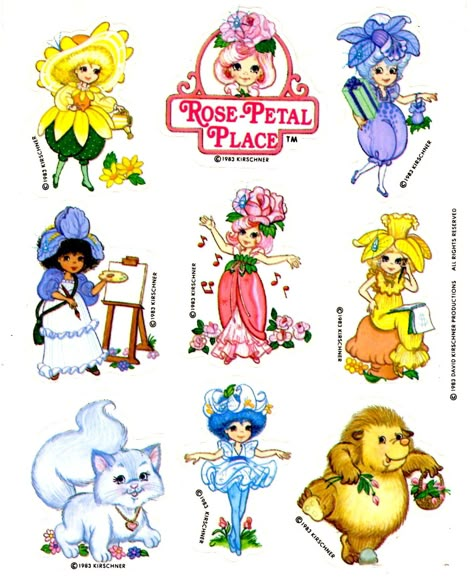 Rose Petal Place Sticker Sheet Rose Pedals Drawings, Childhood Stickers, Retro Flower Character, Rose Petal Place, Vintage Rainbow Brite, Rainbow Brite Stickers, Sticker Images, 90s Stuff, 1980s Childhood