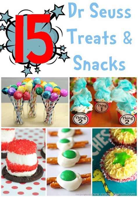 Dr. Seuss snacks to celebrate Read Across America week.  Cute ideas for classrooms or birthday parties. Read Across America Snacks, Dr Suess Snack Ideas, Dr Seuss Treats For Kids, Dr Seuss Themed Snacks, Seuss Snacks, Dr Seuss Treats, Dr Seuss Inspired Snacks, Dr Seuss Snacks, Classroom Snacks