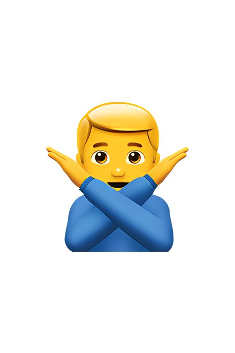 The emoji 🙅‍♂️ Man Gesturing NO depicts a male figure with short hair and a neutral expression. He is standing with his arms crossed in front of his chest, with his left hand raised in a stop gesture. The figure is wearing a plain shirt and pants, and there are no distinguishing features such as facial hair or accessories. The overall appearance is simple and straightforward, conveying a clear message of refusal or rejection. Stop Emoji, Cross Emoji, High Five Emoji, No Emoji, Neutral Expression, Emoji People, Emojis Iphone, Emoji Man, Apple Emojis