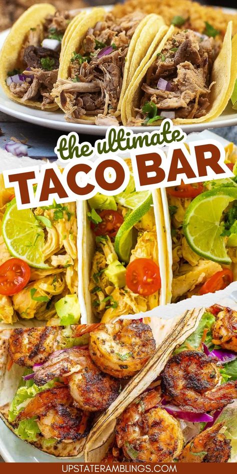 Create the perfect taco bar! Enjoy all your favorite taco fillings and toppings and make the perfect taco. Ideal for parties, potlucks, or a casual dinner at home. Toppings For Tacos, Taco Station Ideas, Taco Toppings Ideas, Taco Bar Ideas Birthdays, Taco/nacho Bar, Taco Bar Ideas Buffet, Taco Bar Set Up Ideas, Taco Bar Recipes, Taco Bar Ideas