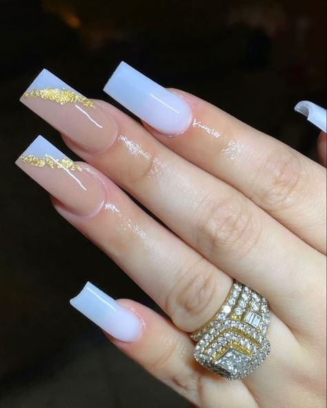 White,gold and nude nails Birthday Nails November, White With Gold Flakes Nails, Nude And Gold Nails Acrylic, Square Nail Designs Blue, Milky White And Gold Nails, Nails For 18th Birthday, V Shape French Tip Nails, Reception Nails, 18th Birthday Nails Acrylic