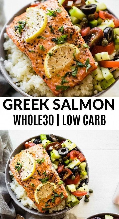 Greek Salmon Recipe, Greek Salmon, Paleo Menu, Recipes Greek, Traditional Greek Salad, Whole30 Meal Prep, Recipes Salmon, Steamed Cauliflower, Recipes Paleo