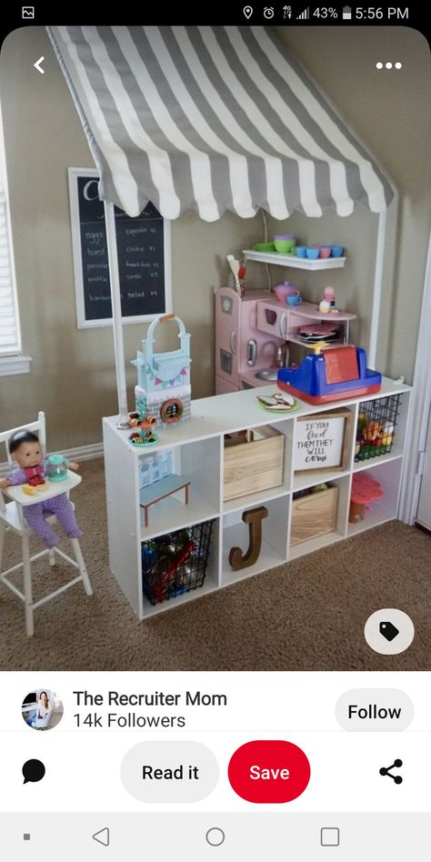 Diy Small Playroom Ideas, Kids Cafe Playroom, Room And Playroom Combo, Playroom Ideas Toddler, Small Kids Playroom Ideas, Playroom Cafe, Toddler Playroom Ideas, Preschool Playroom, Small Playroom Organization