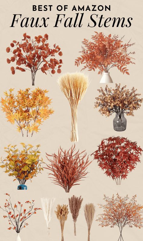 collage of faux fall stems from Amazon Hobby Lobby Fall, Fall Stems, Autumn Tea Party, Wildflower Decor, Cozy Up Your Home, Orange Wedding Flowers, Fall Stem, Fall Floral Arrangements, Budget Friendly Decor