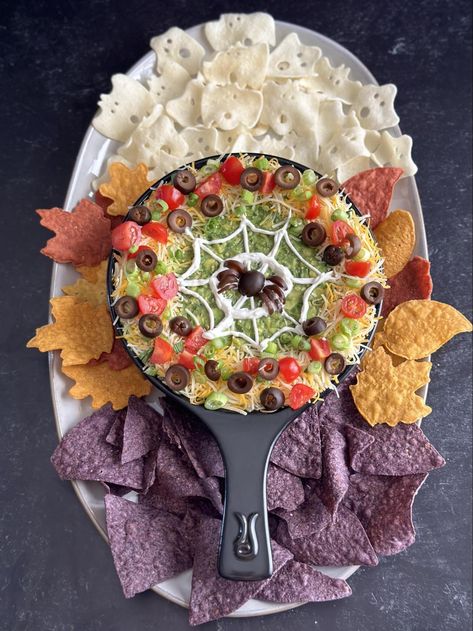 7 Layer Spider Web Dip - Melissa's Healthy Kitchen Spooky Halloween 7 Layer Dip, Spooky 7 Layer Dip, Halloween 7 Layer Dip, Spider Web Dip, 7 Layer Bean Dip, 7 Layer Dip, Hocus Pocus Party, Easy And Healthy Recipes, Day Of The Dead Party