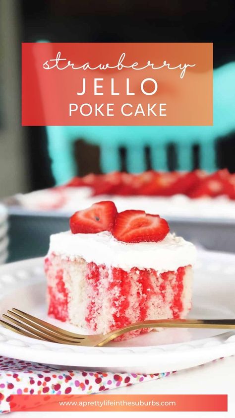 This Strawberry Jello Poke Cake Recipe is an easy and delicious dessert recipe! Vanilla cake with strawberry jello poked throughout the cake, and topped with whipped cream and fresh strawberries. This cake is always a favourite at parties! Strawberry Jello Poke Cake, Jello Poke Cake Recipe, Pancake Box, Potluck Favorites, Jello Poke Cake, Poke Cake Jello, Jello Gelatin, Strawberry Poke Cakes, Poke Cake Recipe