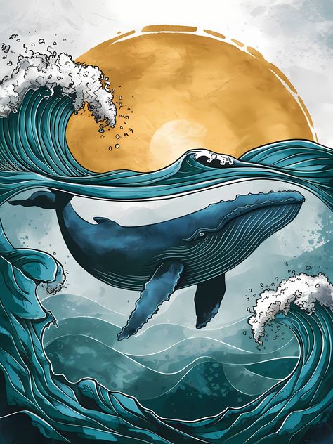 Bring the serenity and power of the ocean into your living space with this captivating poster of a blue whale swimming amidst dynamic ocean waves. The intricate details and vibrant colors of the artwork evoke a sense of tranquility and awe for marine life. Perfect for ocean lovers and those who appreciate the beauty of underwater worlds, this high-quality print adds a touch of the sea to any room. Ideal for coastal decor, marine-themed spaces, or as a thoughtful gift for nature enthusiasts. Whale Illustration Art, Humpback Whale Illustration, Humpback Whale Painting, Whale Artwork, Whale Swimming, Marine Life Art, Marine Theme, Whale Art, Blue Whale