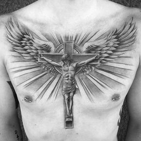 Awesome Guys Jesus Christ On Cross With Wings And Sun Rays Chest Tattoo Sun Rays Chest Tattoo, Jesus Chest Tattoo, Chest Tattoo Designs For Men, Jesus On Cross Tattoo, Jesus Christ On Cross, Tattoo Stockholm, Cross With Wings Tattoo, Tato Salib, Cross With Wings