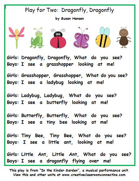 This play for two is great for a bug unit or group performance. See the kinder musical called In the Kinder Garden or other bug units at pinterest.com/susankhansen/ Insects Songs For Preschool, Insects Language Activities, Language Enrichment Activities Preschool, Mouse Songs For Preschool, Insect Poems For Preschool, Bug Songs Preschool, Bug Circle Time Activities, Bug Songs For Toddlers, Bug Unit Preschool