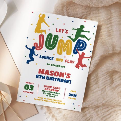 $3.08 | Jump Trampoline Park Boys Birthday Party #bounce house, trampoline, jump and play, jumping castle, colorful, indoor trampoline park, trampoline party, jump party, bounce party, boys Trampoline Park Birthday Party, Jump Party Invitations, 13th Birthday Boys, Jump Park, Trampoline Party, Jump Party, Boys Birthday Party, Park Birthday, Colorful Invitations