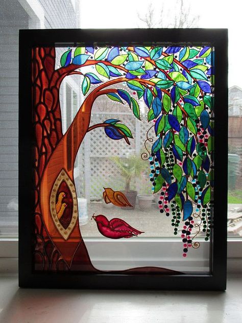 painted glass | creativeartworksblog Art Glass Painting, Art Soleil, Family Tree Art, L'art Du Vitrail, Glass Painting Patterns, Glass Painting Designs, Glass Window Art, Stained Glass Paint, Abstract Flower Art