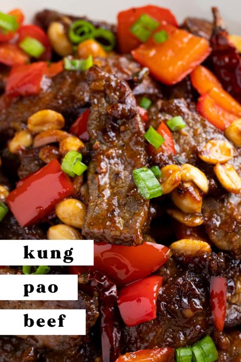 This easy Kung Pao Beef is a simple, homemade version of a classic take-out dish. The juicy flank steak is cooked in a rich and savory sauce with crisp bell peppers and crunchy roasted peanuts for an incredible blend of flavors. Serve this delicious meat and veggie stir fry on its own or with a side of rice or noodles for a total meal. Kung Pao Beef Recipe, Kung Pao Beef, Steak Stirfry Recipes, Steak And Rice, Fried Beef, Clean Eating Dinner, Veggie Stir Fry, Fast Dinners, Asian Inspired Recipes