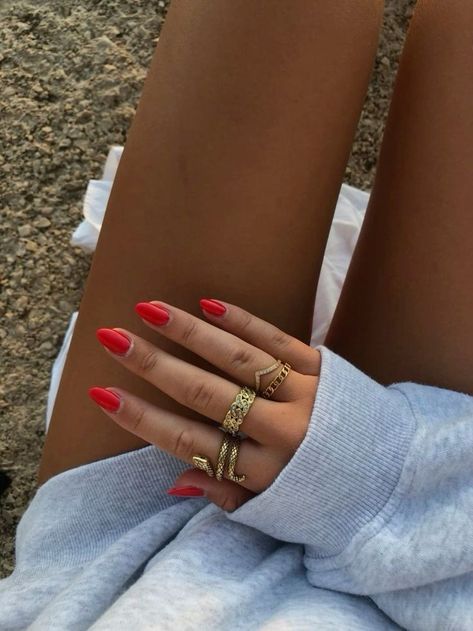 Nails With Tanned Skin, Red Nails Vacation, Summer Nails On Tan Skin, Nail Colors On Tan Skin, Beach Nails Colors, Red Orange Nail Color, Pretty Nail Colors For Tan Skin, Red Nails Olive Skin, Cherry Red Summer Nails