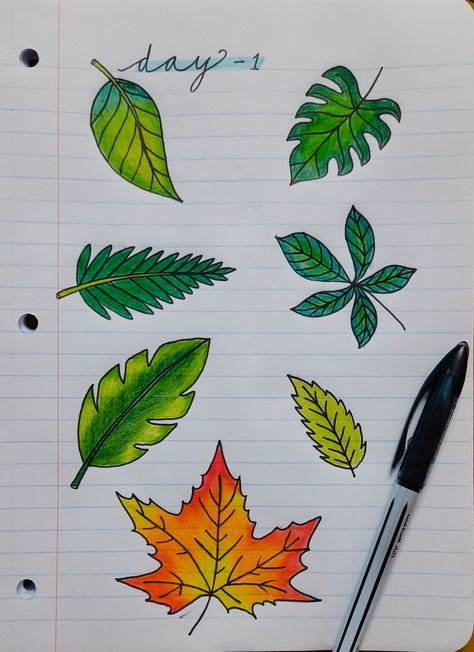 Colourful Tree Drawing, Nature Lettering Drawing, Easy Colour Pencil Art, Easy Leaf Drawing, Candy Doodles, Nature Drawing For Kids, Cartoon Leaves, Leaf Drawings, Free Printable Letter Stencils