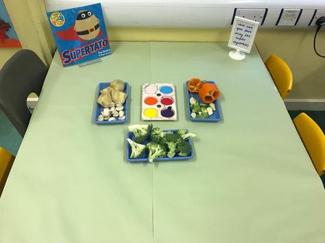 Printing today with ‘Super Veggies’ 🥦🍆🌽🌶🥕🥔 #supertato #eyfsteacher #eyfsteachersofinstagram #eyfsimagination Supertato Activities, Eyfs Books, Vegetable Printing, Healthy Food Activities, Nursery Stories, Reception Activities, People Who Help Us, Creative Area, Eyfs Activities