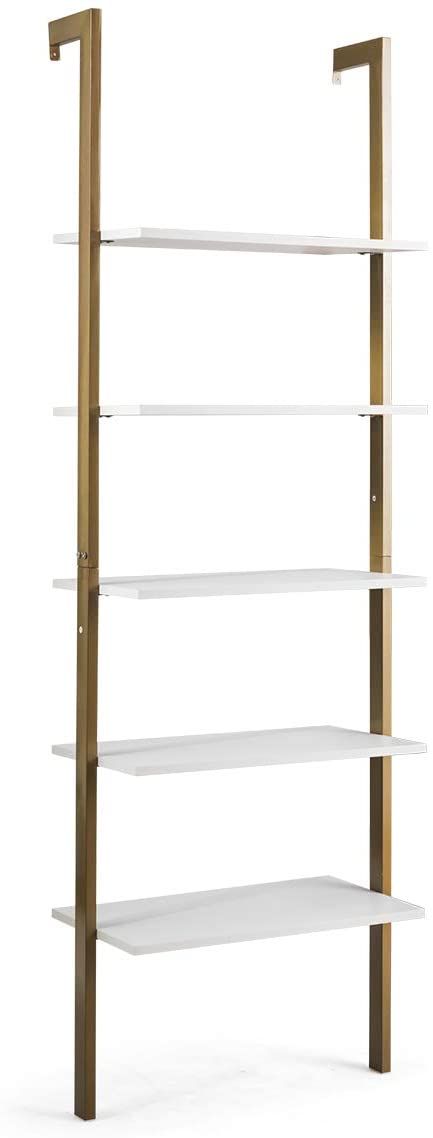 AmazonSmile: Tangkula 5-Tier Ladder Shelf Bookcase Against The Wall, Plant Flower Display Stand, Wood Look Storage Rack Bookshelf with Metal Frame, Ideal for Bedroom Living Room Balcony Office (Gold, 1): Furniture & Decor Home Office Dark, Shelves For Home Office, Bookcase Modern, Industrial Bookcase, Simple Bookcase, Balcony Office, Gold Shelves, Bookcase Display, Industrial Bookcases