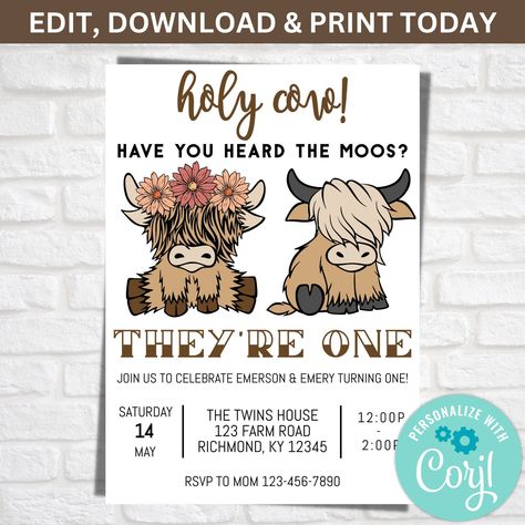 Holy Cow They're One, Holy Cow Birthday Invitation, Highland Cow Print Birthday, Editable Cow Invitation, Twins Birthday, Boy Girl Birthday by GingerlyMadePrints on Etsy Cow Print Birthday, Rainbow First Birthday, Rainbow Invitations, Baby Highland Cow, Twins Birthday, Twins 1st Birthdays, Cow Birthday, Twin First Birthday, Highland Cow Print