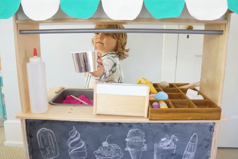 IKEA KITCHEN ICE CREAM SHOP HACK • U Ready, Teddy? Ikea Kitchen Hack, Awning Diy, Ice Cream Playdough, Play Kitchen Hack, Striped Awning, Diy Awning, Ikea Duktig, Ice Cream Stand, Kitchen Hack