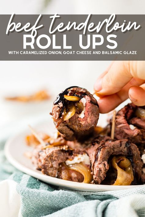 The flavor combination in this beef tenderloin appetizer will impress everyone at your holiday gathering. The tenderloin is cooked perfectly to medium rare and rolled up with an herby goat cheese, sweet caramelized onion and topped with a tangy balsamic glaze. Tenderloin Appetizer, Goat Cheese Caramelized Onion, Beef Appetizers, Fried Goat Cheese, Delicious Appetizer Recipes, Xmas Eve, Medium Rare, Caramelized Onion, Beef Tenderloin