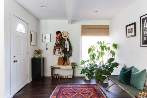 The front entrance with a re-purposed cot and pops of color. 1960s Interior Design, 1960s Interior, Organization By Room, Mirrored Side Tables, Couples Style, Hardwood Floors In Kitchen, Family Room Colors, Interior Floor Plan, Home Studio Photography