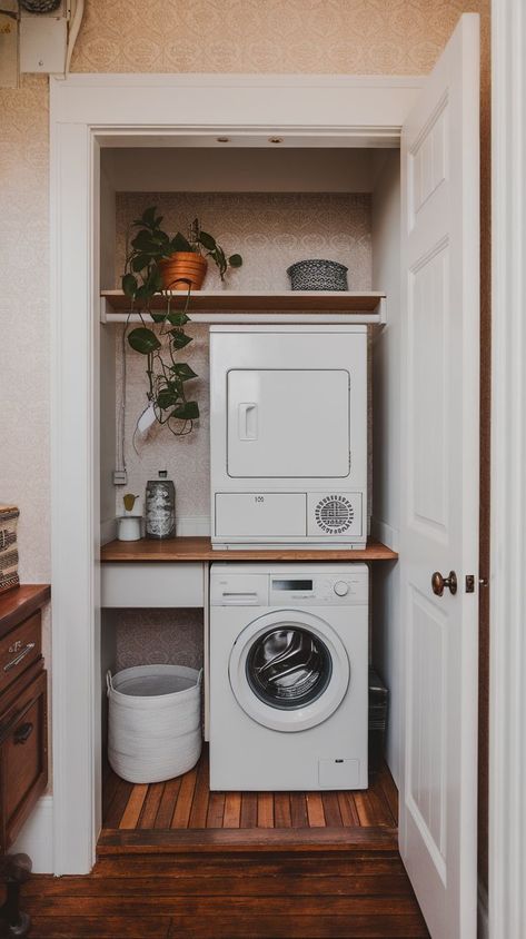 Check out these 21 space-saving tiny laundry room ideas that combine style and functionality. Whether you're dealing with a compact closet laundry or a corner nook, these practical tips and decor tricks will transform your small space into a chic and efficient laundry area. From shelving solutions to fold-away features, these ideas will help you maximize your laundry room’s potential. Tiny Laundry Closet Ideas, Laundry Room With Toilet, Narrow Utility Room Ideas, Tiny Laundry Room Ideas, Storage Laundry Room, Bathroom With Laundry, Tiny Laundry Room, Tiny Laundry, Corner Nook