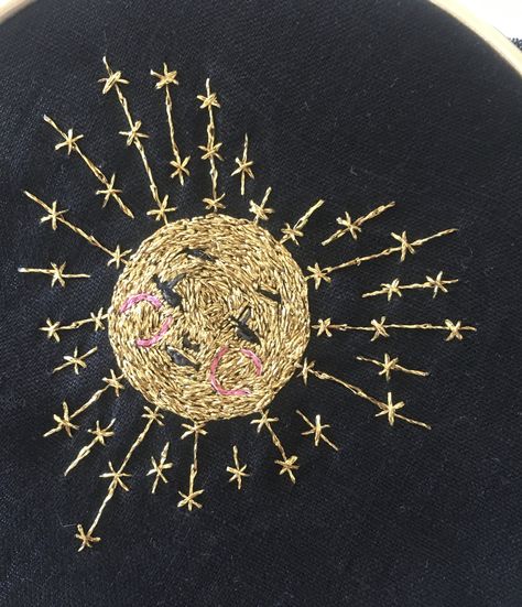 Gold Bead Embroidery, Celestial Hand Embroidery, Gold Embroidery Designs, Gold Star Embroidery, Small Sun Embroidery, Celestial Diy, Golden Thread Embroidery, Curtain Embroidery, Artistic Embroidery