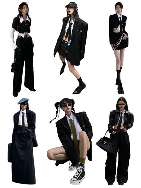 Kpop Suit Outfit, French Chic Aesthetic, Dpr Concert Outfit, Black Academia Outfit, Kpop Suit, Business Core Outfits, Masculine Outfits For Women, Black Monochrome Outfit, Black Shirt Outfit