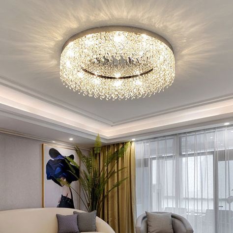 Ceiling Lights Flush Mount Crystal Chandeliers, Professional Living Room Design, Flat Chandelier Light Fixtures, Round Ceiling Chandelier, Ceiling Mounted Chandelier, Ceiling Jhumar Light, Living Room Chandelier Ideas Modern, Flush Mount Chandeliers Dining Room, Jhumar For Living Room