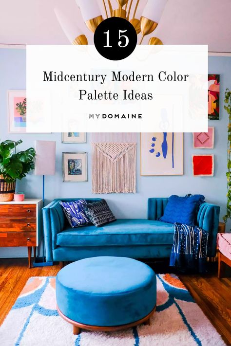 Color Schemes Home Decor, Colourful Mcm Living Room, Bold Mid Century Modern, Airbnb Color Scheme, Mid Century Modern Living Room 2023, Midcentury Style Living Room, Retro Inspired Home Decor, Paint Color Schemes Office, Bedroom Decor Midcentury Modern