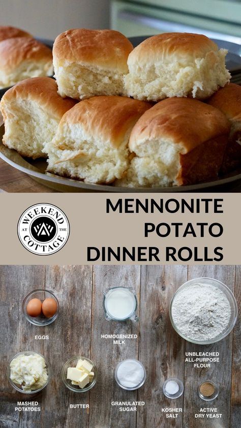 freshly baked Mennonite Potato Dinner Rolls on a plate. Ingredients on table - Mashed Potatoes, all purpose flour, eggs, milk, butter, sugar, salt, dry yeast Mashed Potato Bread Recipe, Amish Potato Rolls, Potato Rolls Recipe Mashed, What To Make With Mashed Potatoes, Light Fluffy Rolls, Dinner Roll Sandwiches, Leftover Potato Recipes, Small Batch Dinner Rolls, Potato Buns Recipe