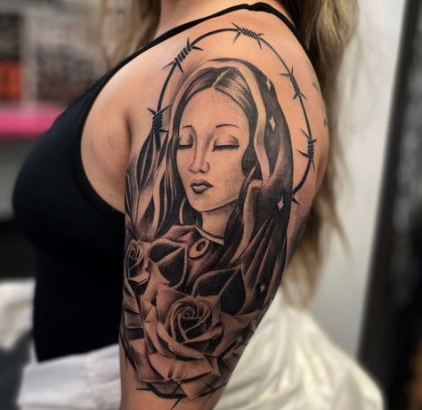 Virgencita Tattoo Women, Virgen Mary Tattoo For Women, Virgin Mary Tattoo For Women, Our Lady Of Guadalupe Tattoo, Hispanic Tattoos For Women, Virgen De Guadalupe Tattoo Ideas, Playboy Tattoo, Mama Tattoos, Swag Tattoo