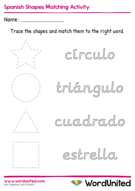 Learn the names of shapes in Spanish with this handy resource! Children can develop fine motor skills and pen control when tracing the shapes, then consolidate their Spanish vocabulary with a matching task. Supports the following areas of learning within Key Stage 1: Languages. Spanish Shapes, Spanish Preschool Activities, Shapes In Spanish, Abc Preschool, Shapes Matching, Spanish Printables, Preschool Spanish, Shape Activities Preschool, Learning Spanish For Kids